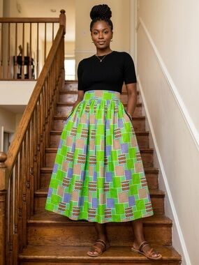NWOT Handmade Vibrant African Wax Print Pleated Crisp Cotton Skirt